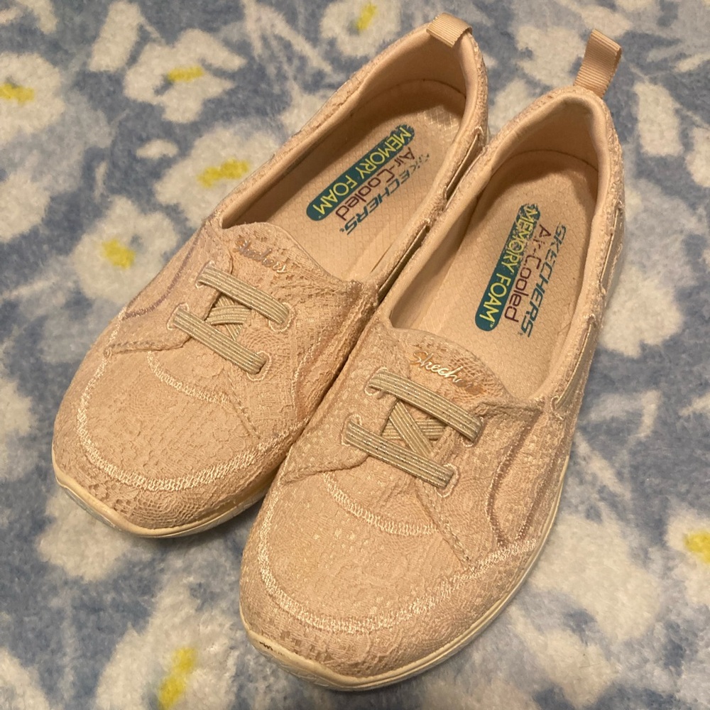Skechers Beige Slip-On Memory Foam Flats